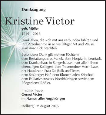Traueranzeige von Kristine Victor von Mitteldeutsche Zeitung Sangerhausen