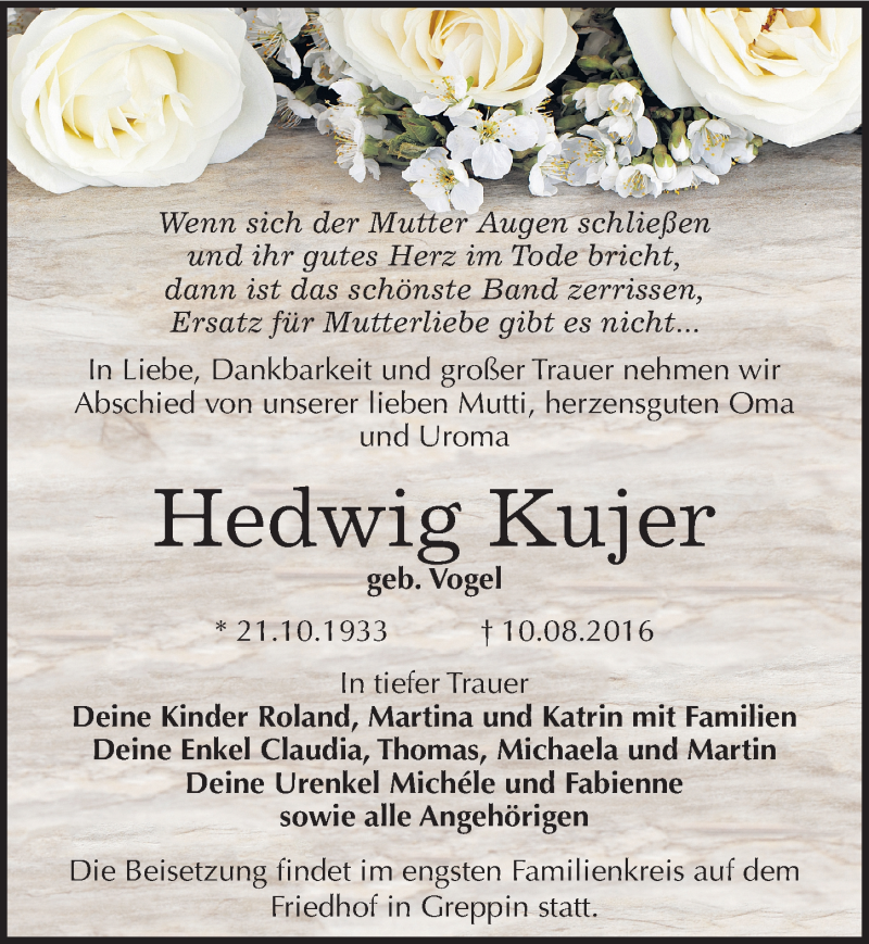  Traueranzeige für Hedwig Kujer vom 16.08.2016 aus Mitteldeutsche Zeitung Bitterfeld