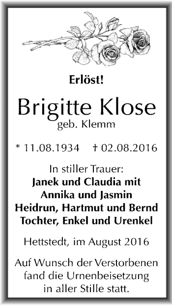 Traueranzeige von Brigitte Klose von Mitteldeutsche Zeitung Mansfelder Land