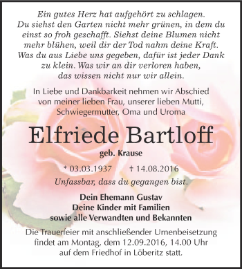 Traueranzeige von Elfriede Bartloff von WVG - Wochenspiegel Bitterfeld