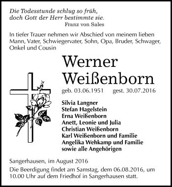 Traueranzeige von Werner Weißenborn von Mitteldeutsche Zeitung Sangerhausen