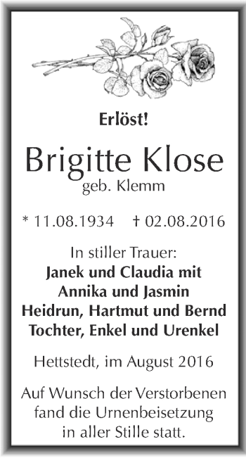 Traueranzeige von Brigitte Klose von Wochenspiegel Mansfelder Land