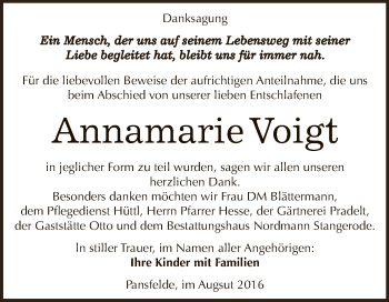 Traueranzeige von Annamarie Voigt von Super Sonntag SGH Mansf. Land