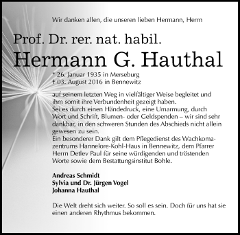 Traueranzeige von Hermann G. Hauthal von Mitteldeutsche Zeitung Merseburg/Querfurt