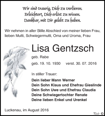 Traueranzeige von Lisa Gentzsch von Super Sonntag Zeitz