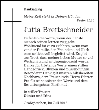 Traueranzeige von Jutta Brettschneider von WVG - Wochenspiegel NMB / WSF / ZTZ
