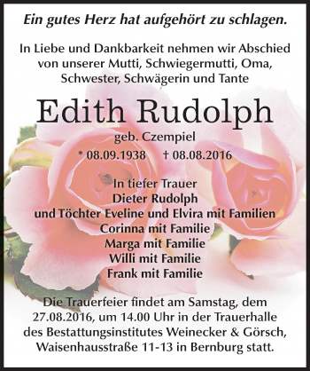Traueranzeige von Edith Rudolph von Mitteldeutsche Zeitung Bernburg