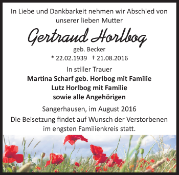 Traueranzeige von Gertraud Horlbog Becker von Mitteldeutsche Zeitung Sangerhausen