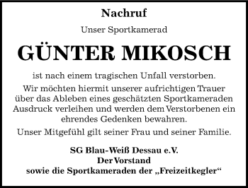 Traueranzeige von Günter Mikosch von Mitteldeutsche Zeitung Dessau-Roßlau
