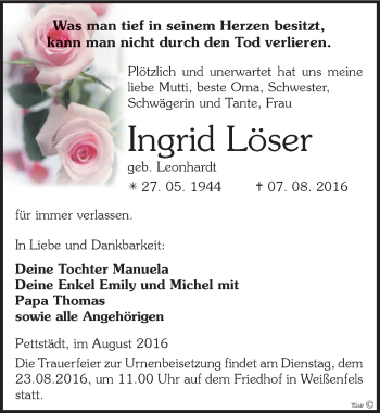Traueranzeige von Ingrid Löser von Mitteldeutsche Zeitung Weißenfels