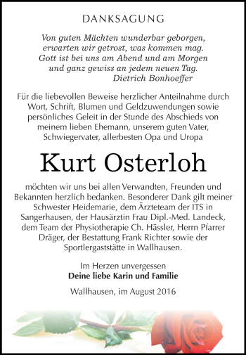 Traueranzeige von Kurt Osterloh von Super Sonntag SGH Mansf. Land