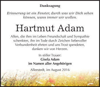 Traueranzeige von Hartmut Adam von Mitteldeutsche Zeitung Naumburg/Nebra