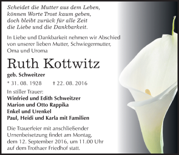 Traueranzeige von Ruth Kottwitz von Mitteldeutsche Zeitung Halle/Saalkreis