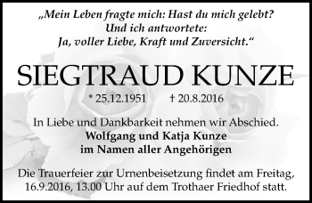 Traueranzeige von Siegtraud Kunze von Mitteldeutsche Zeitung Halle/Saalkreis