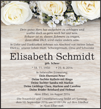 Traueranzeige von Elisabeth Schmidt von Mitteldeutsche Zeitung Köthen