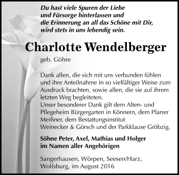 Traueranzeige von Charlotte Wendelberger von Mitteldeutsche Zeitung Bernburg