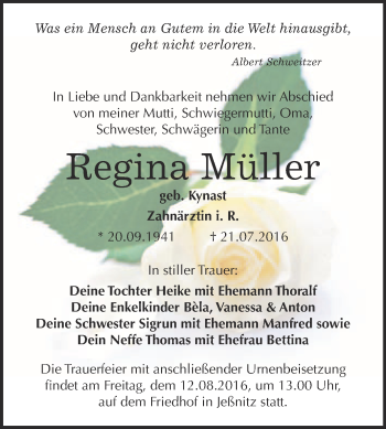 Traueranzeige von Regina Müller von WVG - Wochenspiegel Bitterfeld