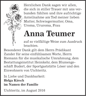 Traueranzeige von Anna Teumer von WVG - Wochenspiegel NMB / WSF / ZTZ