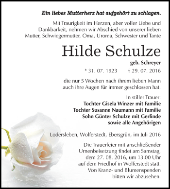 Traueranzeige von Hilde Schulze von Super Sonntag SGH Mansf. Land