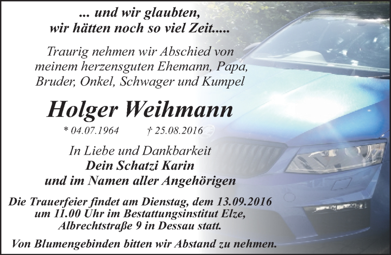  Traueranzeige für Holger Weihmann vom 31.08.2016 aus Mitteldeutsche Zeitung Dessau-Roßlau