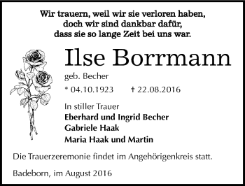Traueranzeige von Ilse Borrmann von Mitteldeutsche Zeitung Quedlinburg