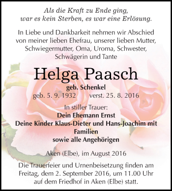 Traueranzeige von Helga Paasch von WVG - Wochenspiegel Dessau / Köthen