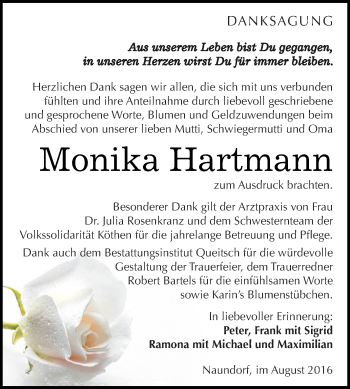 Traueranzeige von Monika Hartmann von WVG - Wochenspiegel Dessau / Köthen
