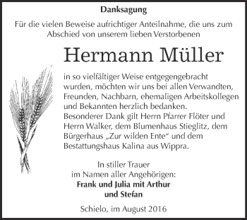 Traueranzeige von Hermann Müller von Super Sonntag SGH Mansf. Land