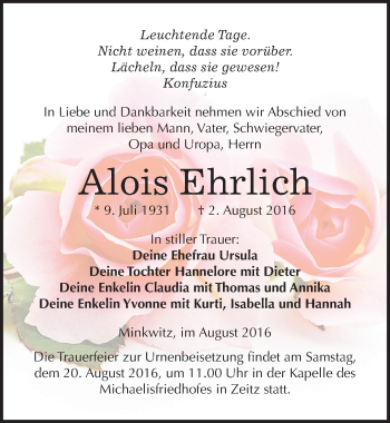 Traueranzeige von Alois Ehrlich von Mitteldeutsche Zeitung Zeitz