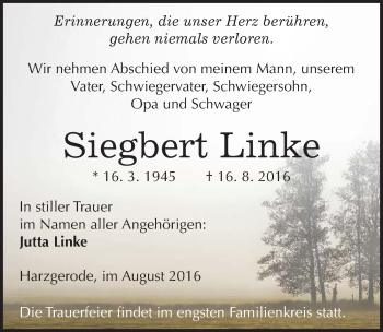 Traueranzeige von Siegbert Linke von Mitteldeutsche Zeitung Quedlinburg