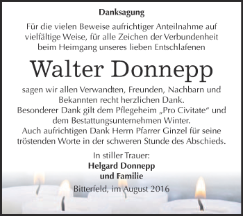 Traueranzeige von Walter Donnepp von WVG - Wochenspiegel Bitterfeld