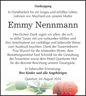 Traueranzeige von Emmy Nennmann von WVG - Wochenspiegel Merseburg