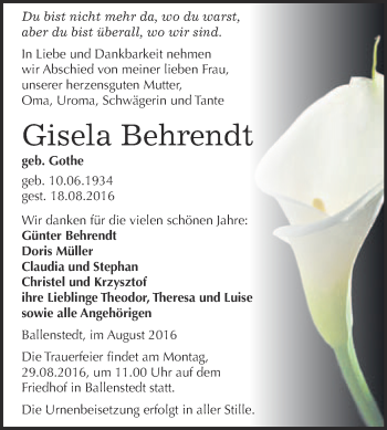 Traueranzeige von Gisela Behrendt von WVG - Wochenspiegel Quedlinburg