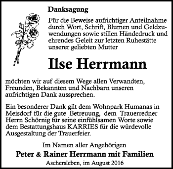 Traueranzeige von Ilse Hermann von Mitteldeutsche Zeitung Aschersleben