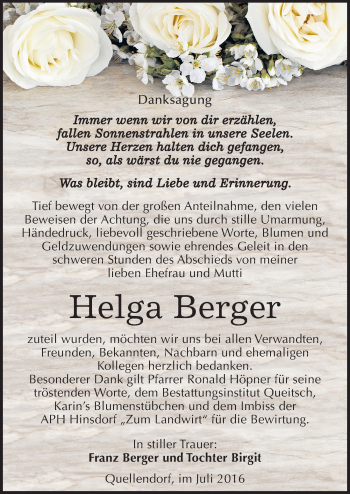 Traueranzeige von Helga Berger von Mitteldeutsche Zeitung Köthen