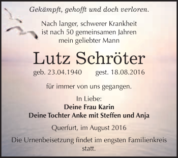 Traueranzeige von Lutz Schröter von WVG - Wochenspiegel Merseburg