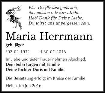 Traueranzeige von Maria Herrmann von Super Sonntag SGH Mansf. Land