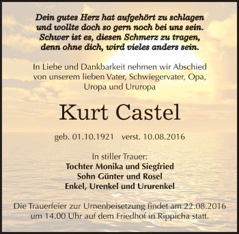 Traueranzeige von Kurt Castel von Mitteldeutsche Zeitung Zeitz