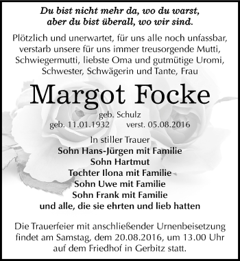 Traueranzeige von Margot Focke von Mitteldeutsche Zeitung Bernburg