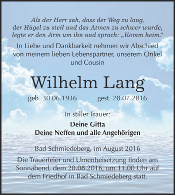 Traueranzeige von Wilhelm Lang von WVG - Wochenspiegel Wittenberg
