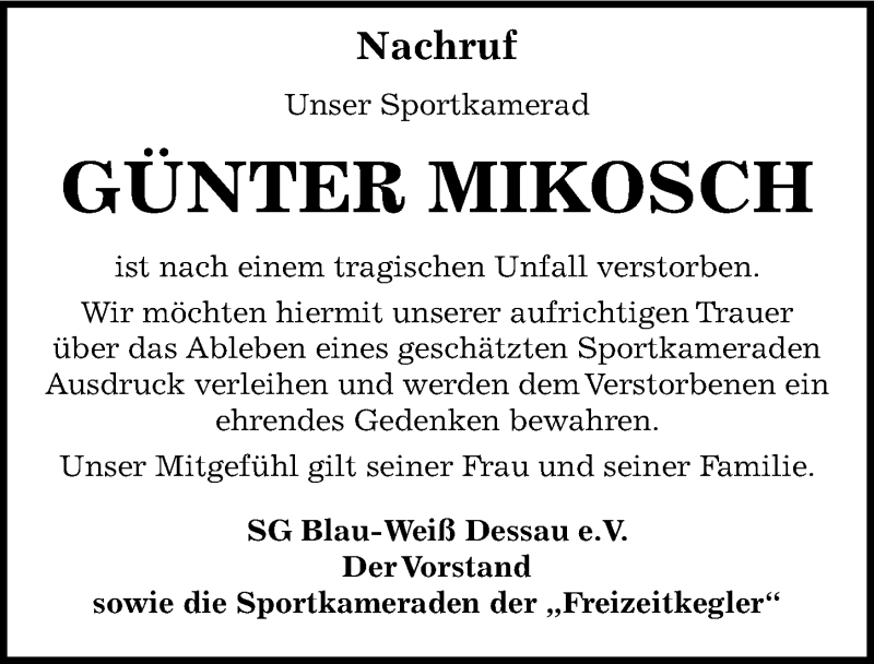  Traueranzeige für Günter Mikosch vom 30.08.2016 aus Mitteldeutsche Zeitung Dessau-Roßlau