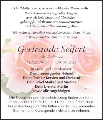 Traueranzeige von Gertraude Seifert von WVG - Wochenspiegel Wittenberg