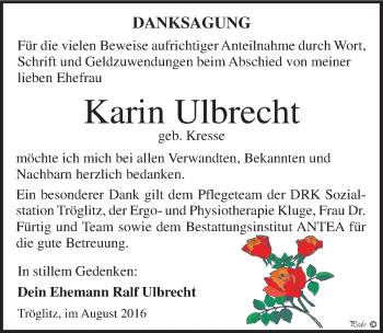 Traueranzeige von Karin Ulbrecht von Mitteldeutsche Zeitung Zeitz