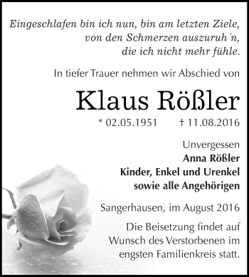 Traueranzeige von Klaus Rößler von Super Sonntag SGH Mansf. Land