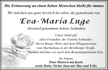 Traueranzeige von Eva-Maria Luge von Mitteldeutsche Zeitung Dessau-Roßlau