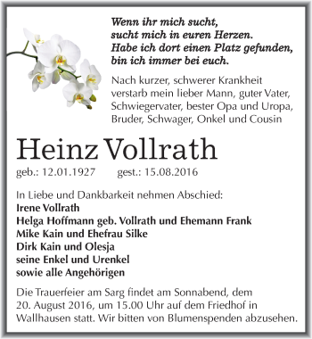 Traueranzeige von Heinz Vollrath von Mitteldeutsche Zeitung Sangerhausen