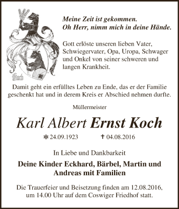 Traueranzeige von Karl Albert Ernst Koch von WVG - Wochenspiegel Dessau / Köthen