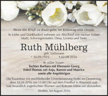 Traueranzeige von Ruth Mühlberg von WVG - Wochenspiegel Bitterfeld