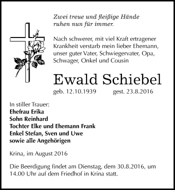 Traueranzeige von Ewald Schiebel von Mitteldeutsche Zeitung Bitterfeld