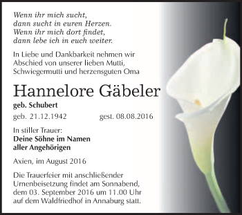 Traueranzeige von Hannelore Gäbeler von WVG - Wochenspiegel Wittenberg